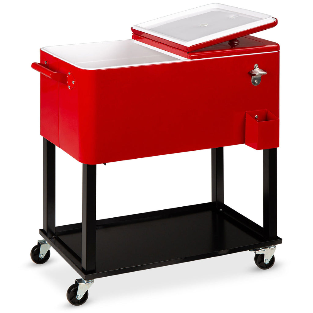 Portable Rolling Cooler Cart w/ Bottle Opener Catch Tray - 80qt