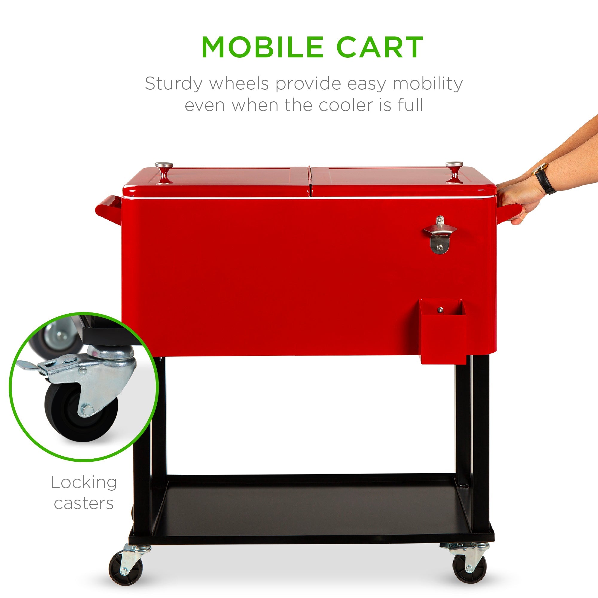 Portable Rolling Cooler Cart w/ Bottle Opener Catch Tray - 80qt