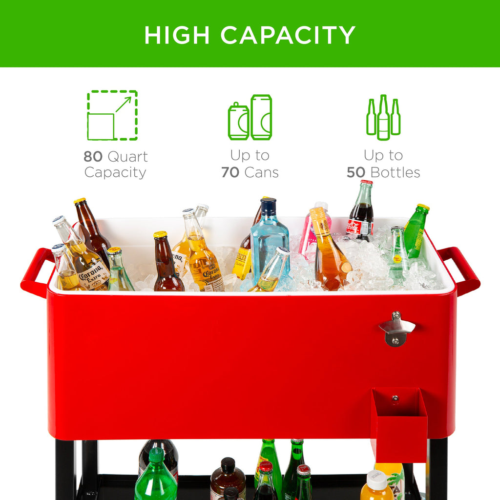 Portable Rolling Cooler Cart w/ Bottle Opener Catch Tray - 80qt