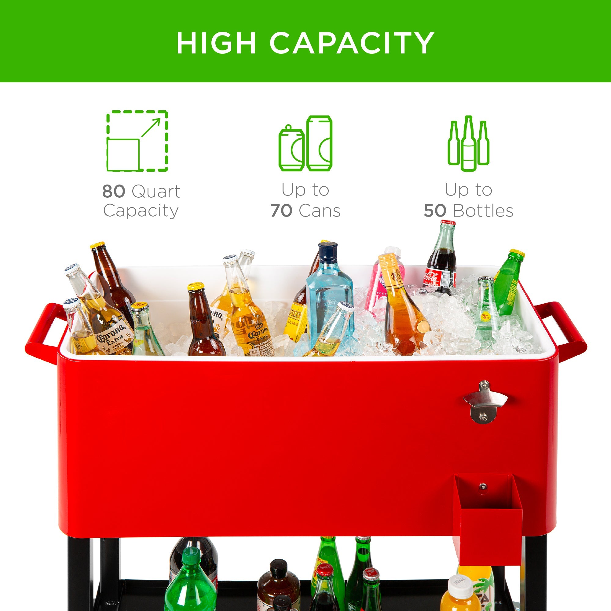 Portable Rolling Cooler Cart w/ Bottle Opener Catch Tray - 80qt