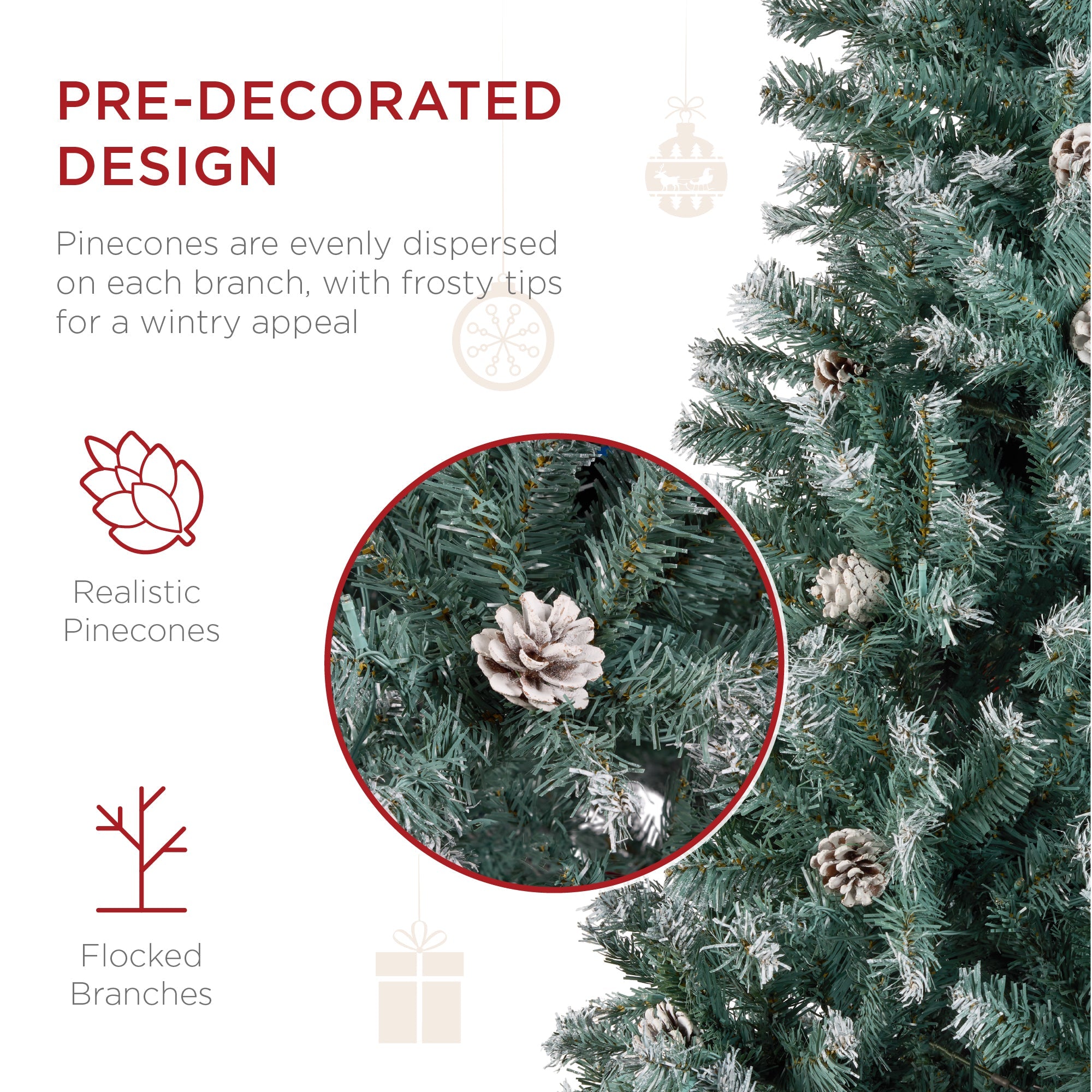 Pre-Decorated Christmas Tree w/ Pinecones Flocked Branch Tips