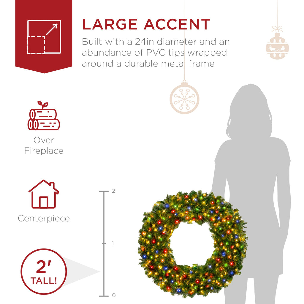 Pre-Lit Artificial Fir Christmas Wreath w/ Multicolor LED Lights PVC Tips