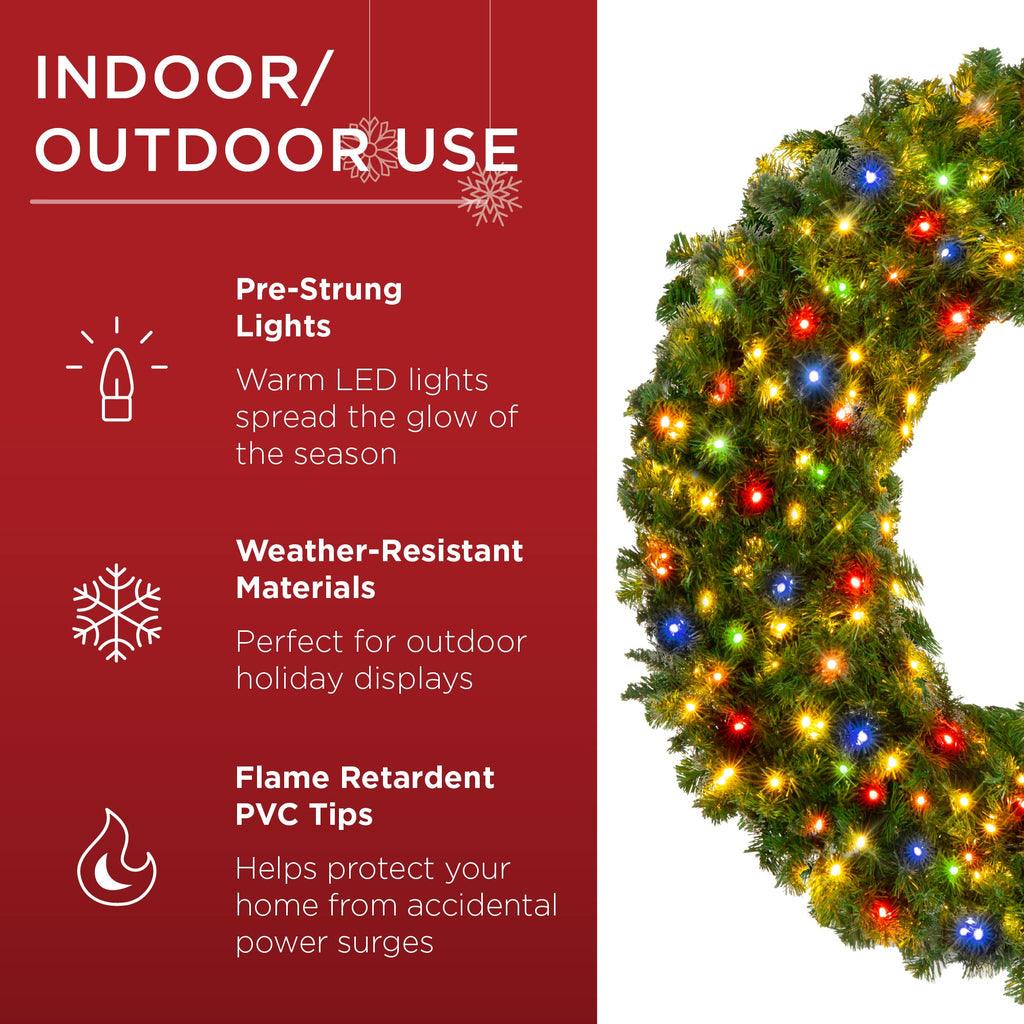 Pre-Lit Artificial Fir Christmas Wreath w/ Multicolor LED Lights PVC Tips