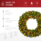 Pre-Lit Artificial Fir Christmas Wreath w/ Multicolor LED Lights PVC Tips