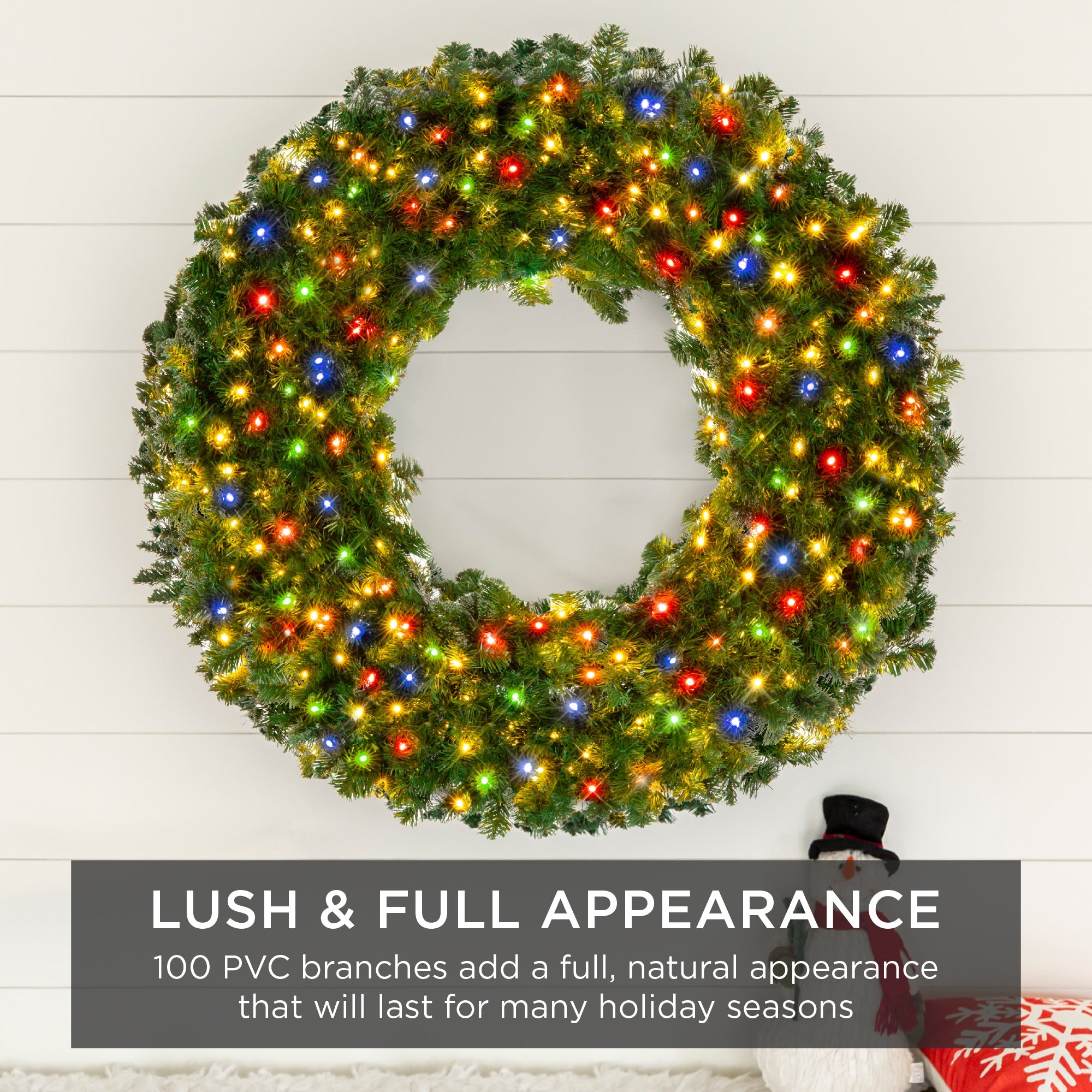 Pre-Lit Artificial Fir Christmas Wreath w/ Multicolor LED Lights PVC Tips