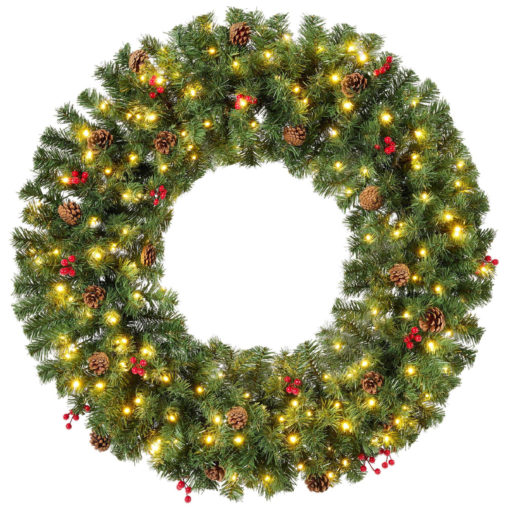 Pre-Lit Artificial Christmas Wreath w/Berries & Pinecones Lights