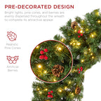 Pre-Lit Artificial Christmas Wreath w/Berries & Pinecones Lights