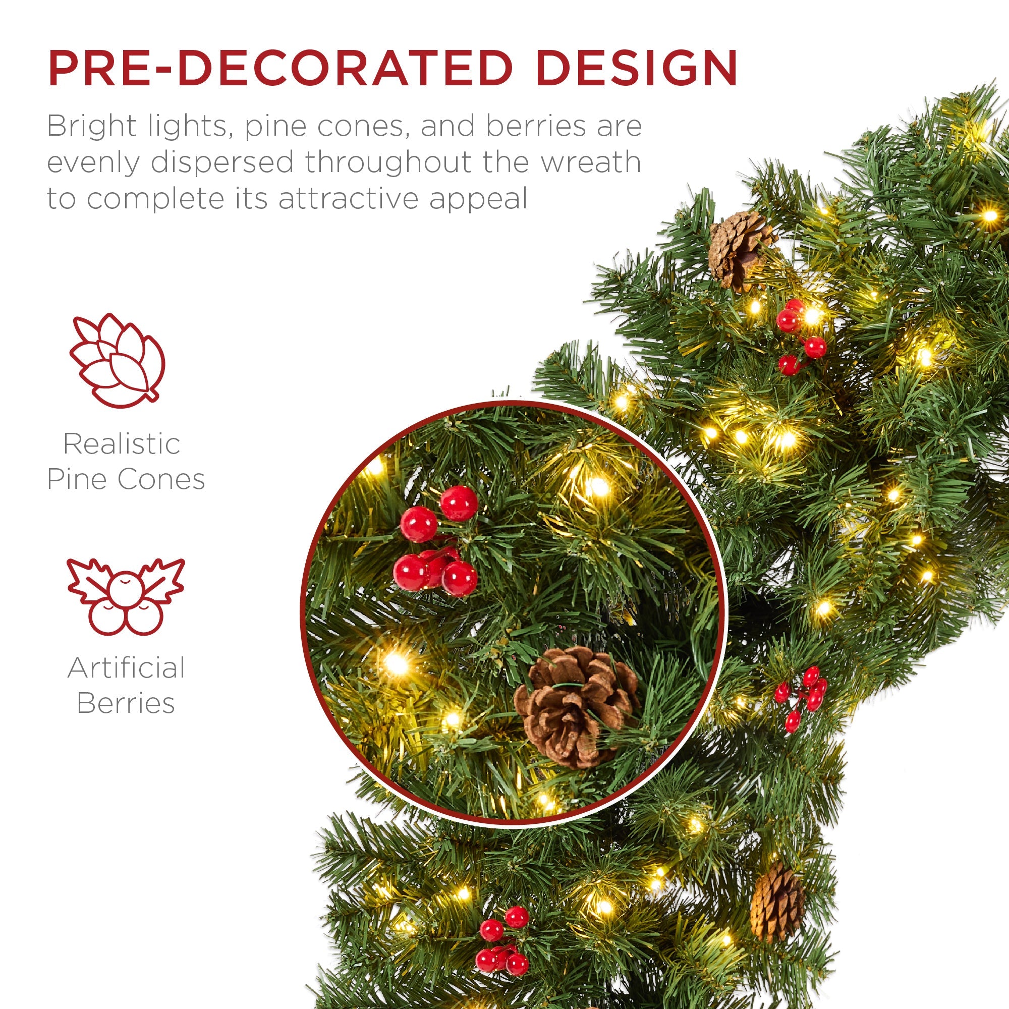 Pre-Lit Artificial Christmas Wreath w/Berries & Pinecones Lights
