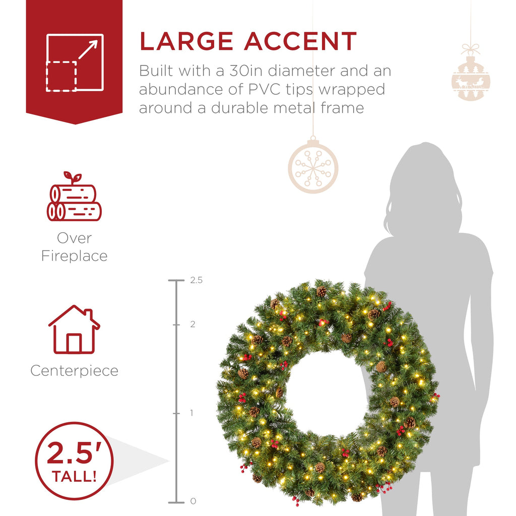 Pre-Lit Artificial Christmas Wreath w/Berries & Pinecones Lights