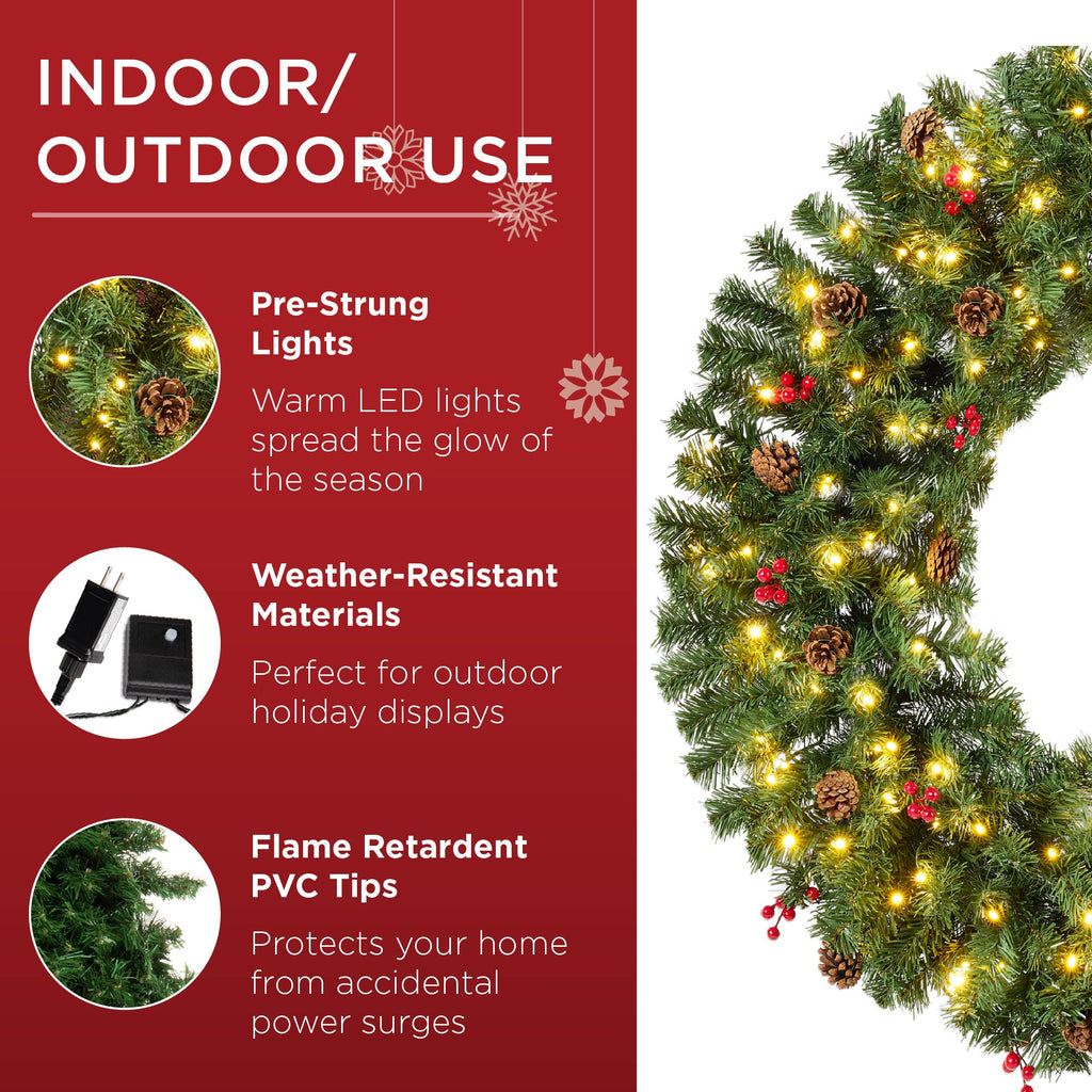 Pre-Lit Artificial Christmas Wreath w/Berries & Pinecones Lights