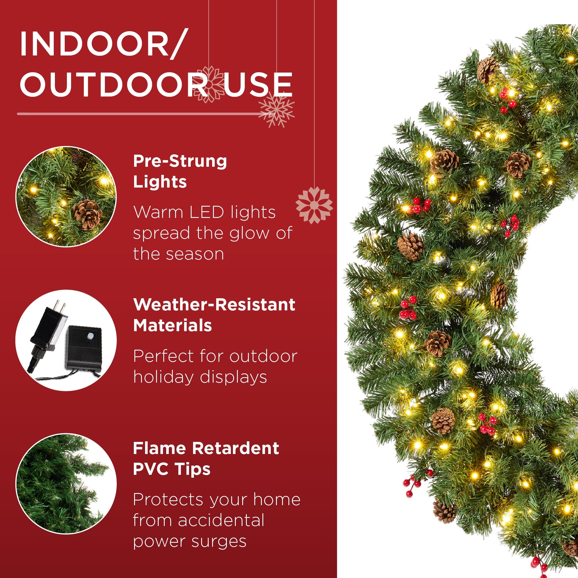 Pre-Lit Artificial Christmas Wreath w/Berries & Pinecones Lights