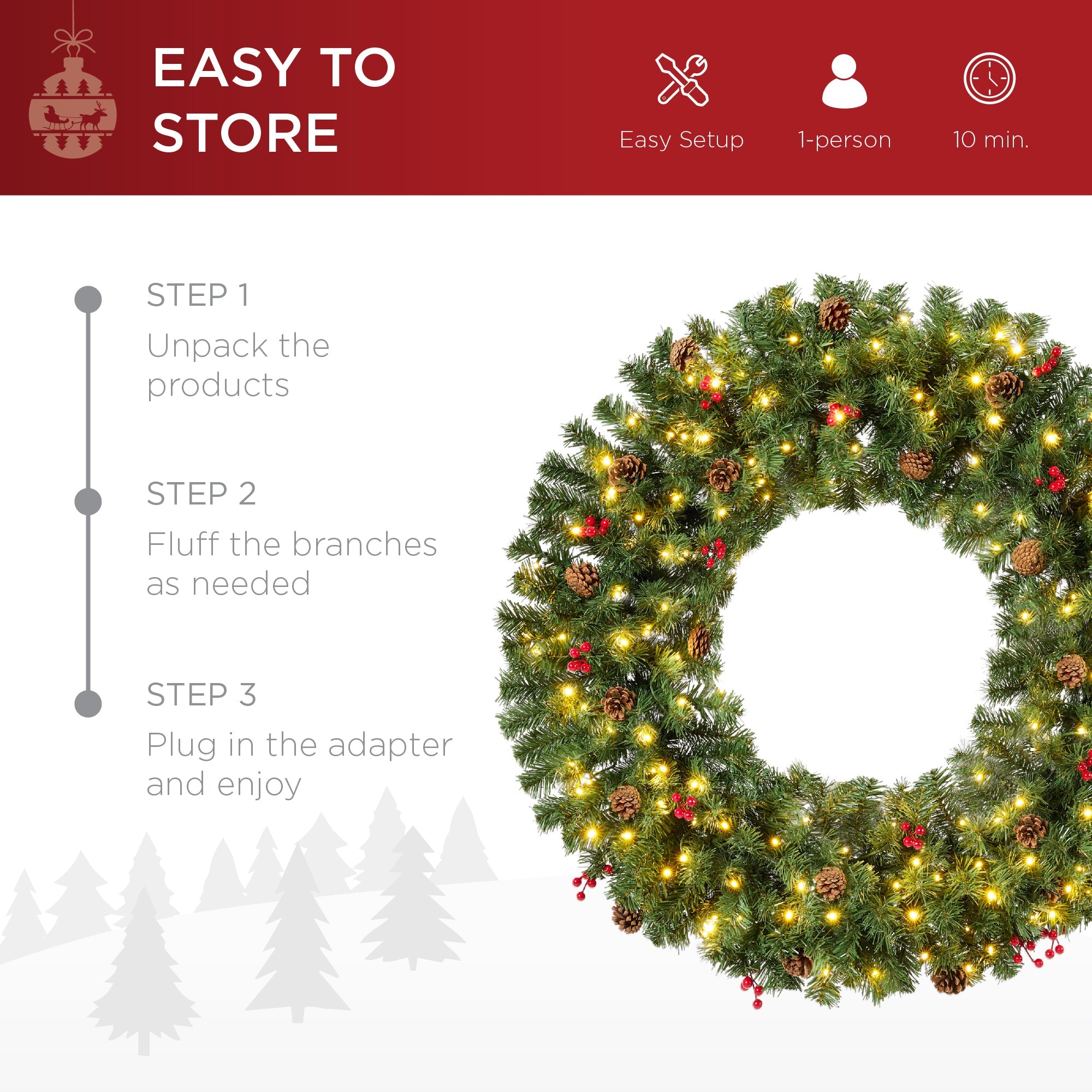 Pre-Lit Artificial Christmas Wreath w/Berries & Pinecones Lights