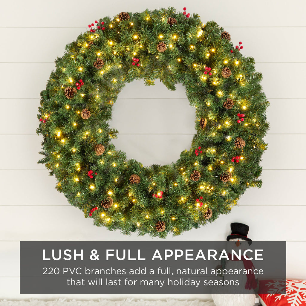Pre-Lit Artificial Christmas Wreath w/Berries & Pinecones Lights