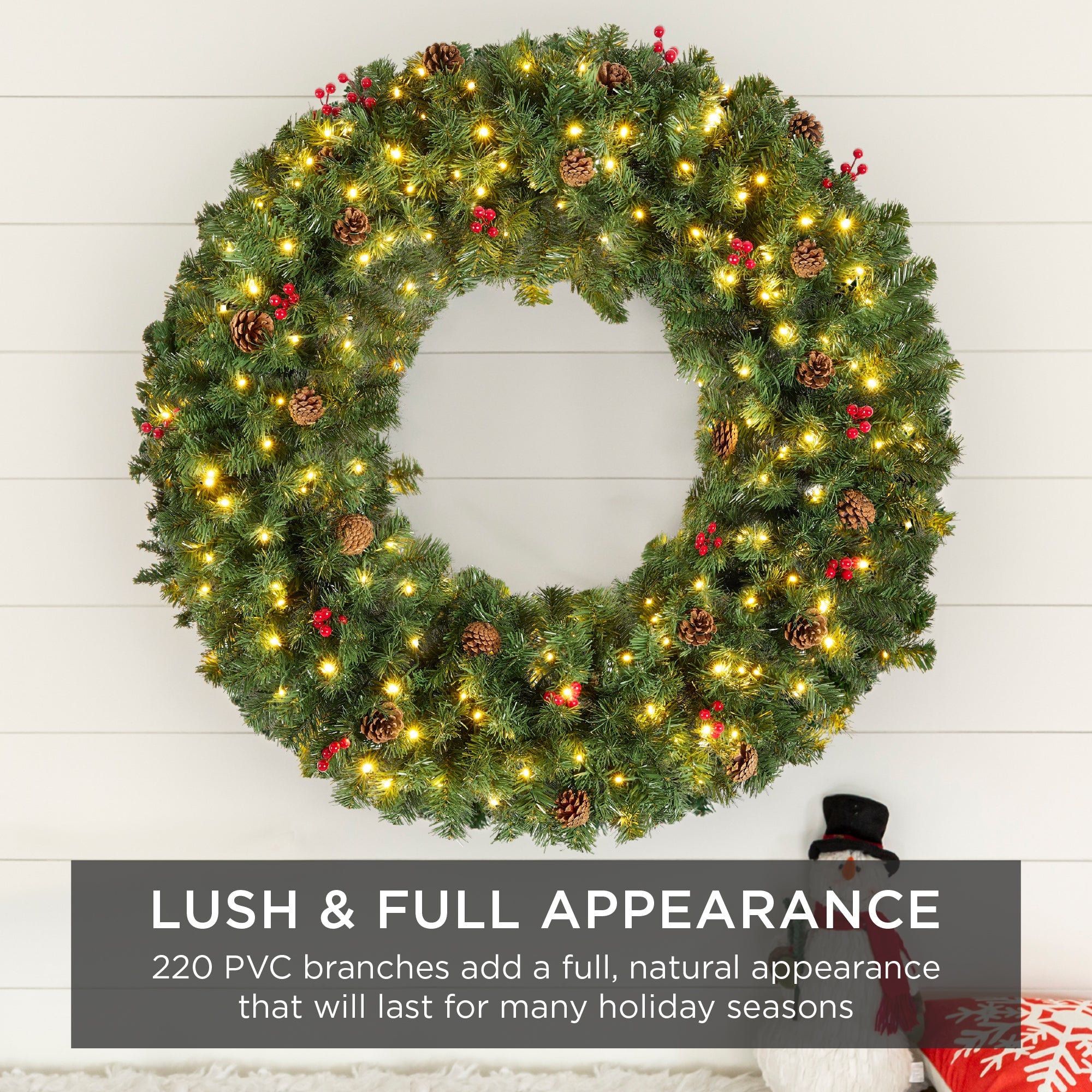 Pre-Lit Artificial Christmas Wreath w/Berries & Pinecones Lights