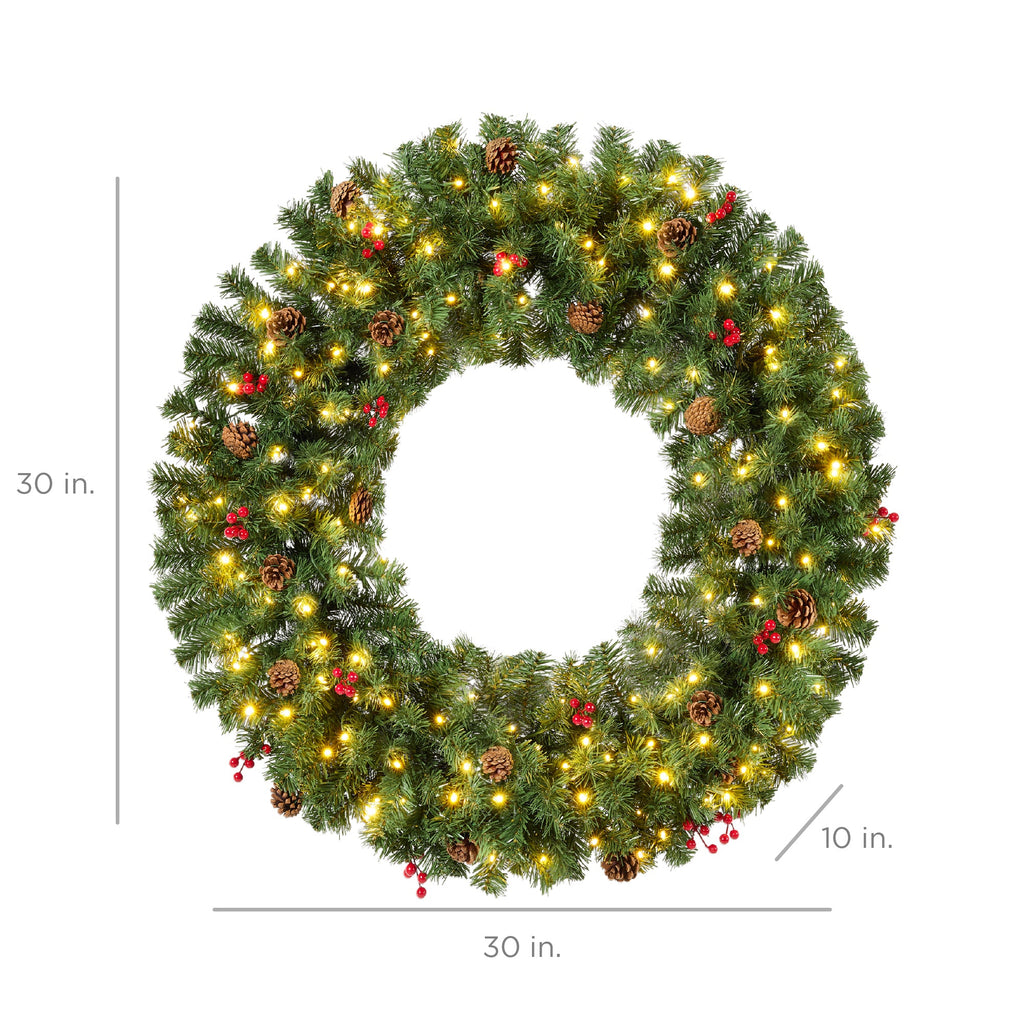 Pre-Lit Artificial Christmas Wreath w/Berries & Pinecones Lights
