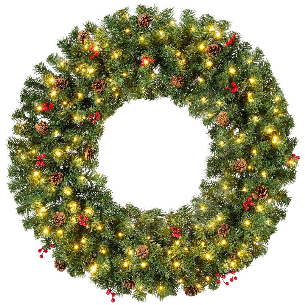 Pre-Lit Artificial Christmas Wreath w/Berries & Pinecones Lights