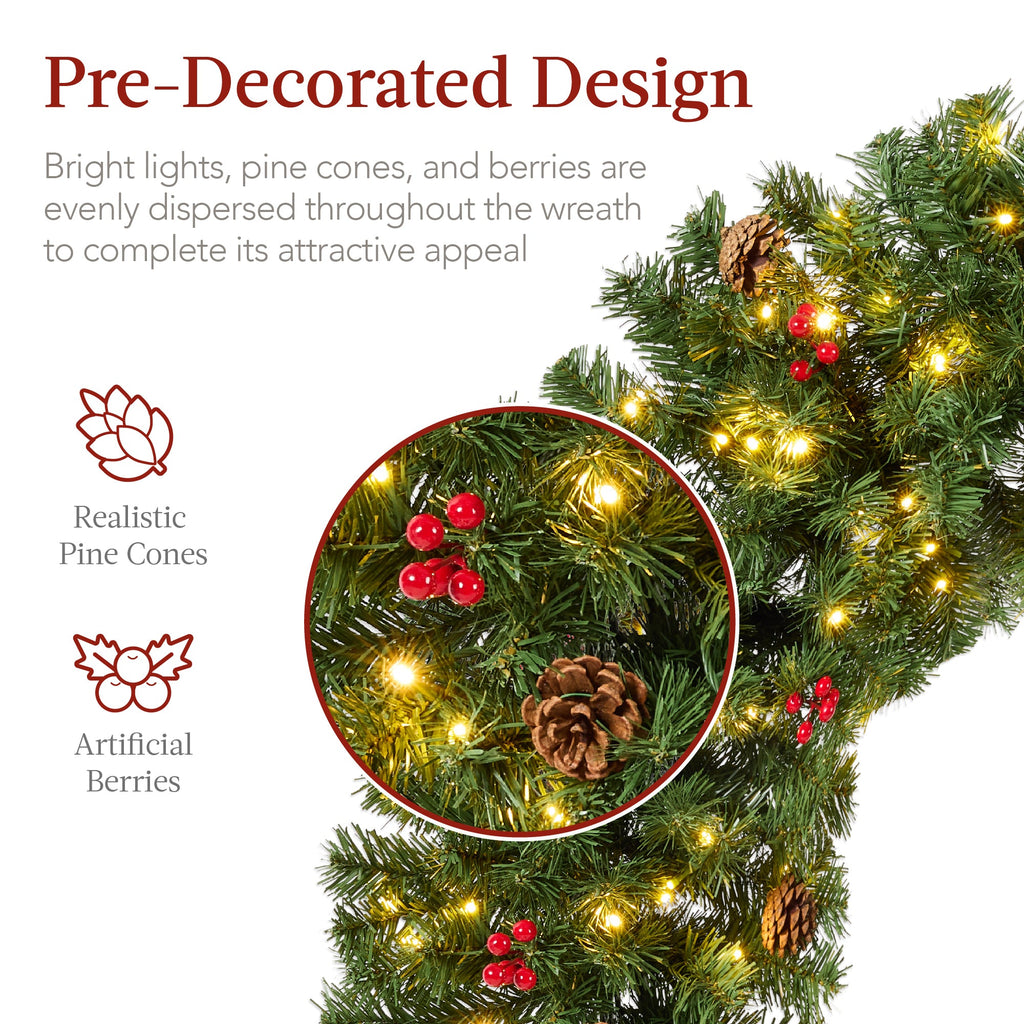 Pre-Lit Artificial Christmas Wreath w/Berries & Pinecones Red Bow Lights