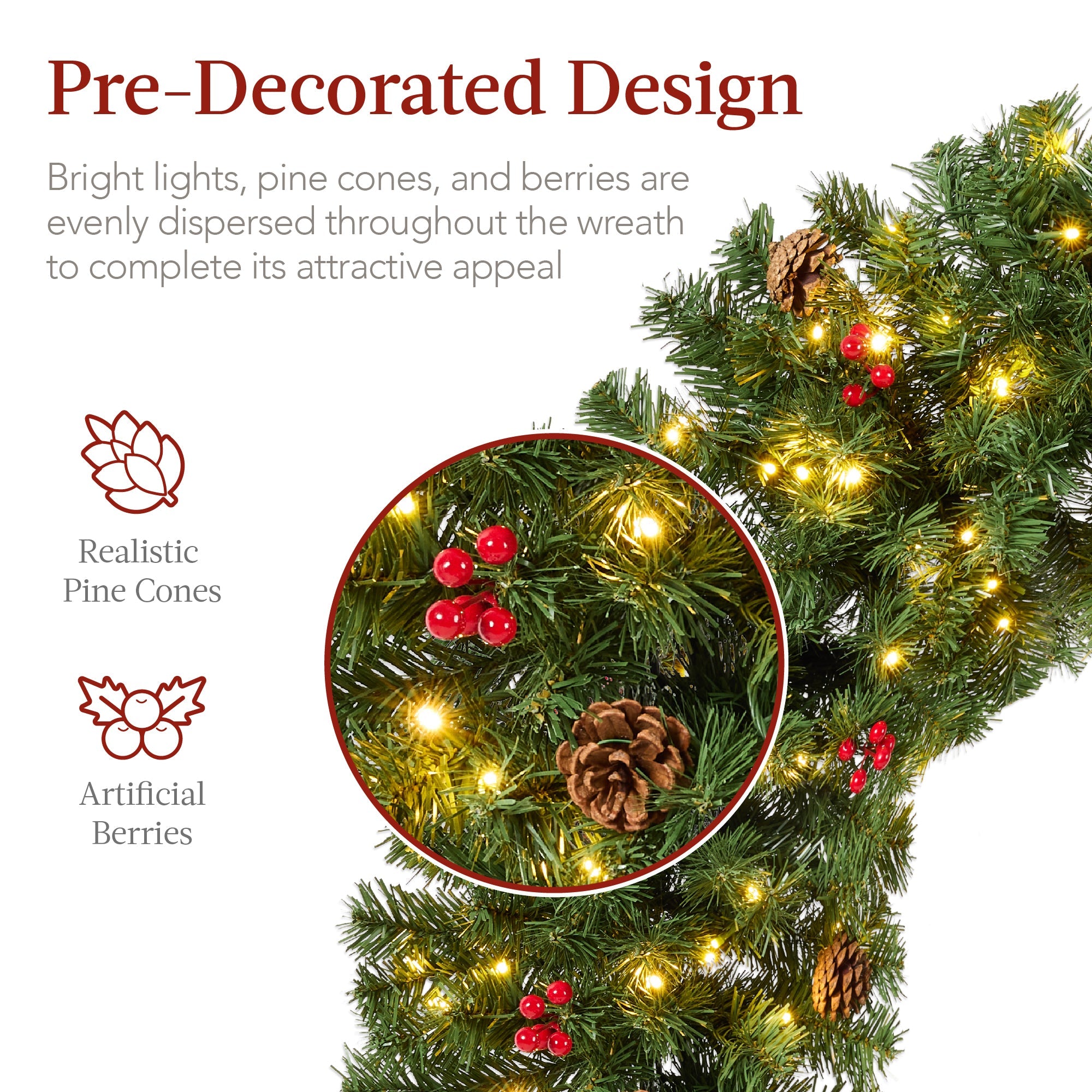 Pre-Lit Artificial Christmas Wreath w/Berries & Pinecones Red Bow Lights