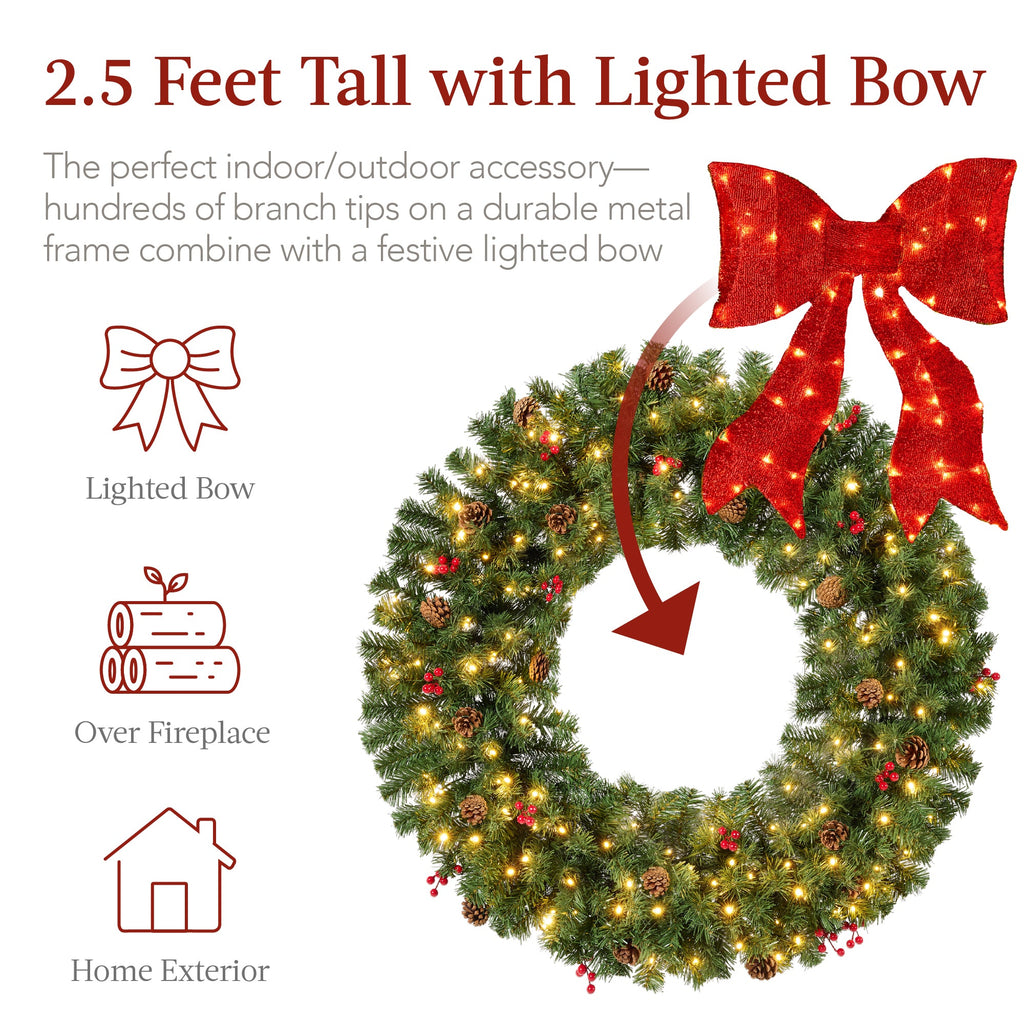 Pre-Lit Artificial Christmas Wreath w/Berries & Pinecones Red Bow Lights