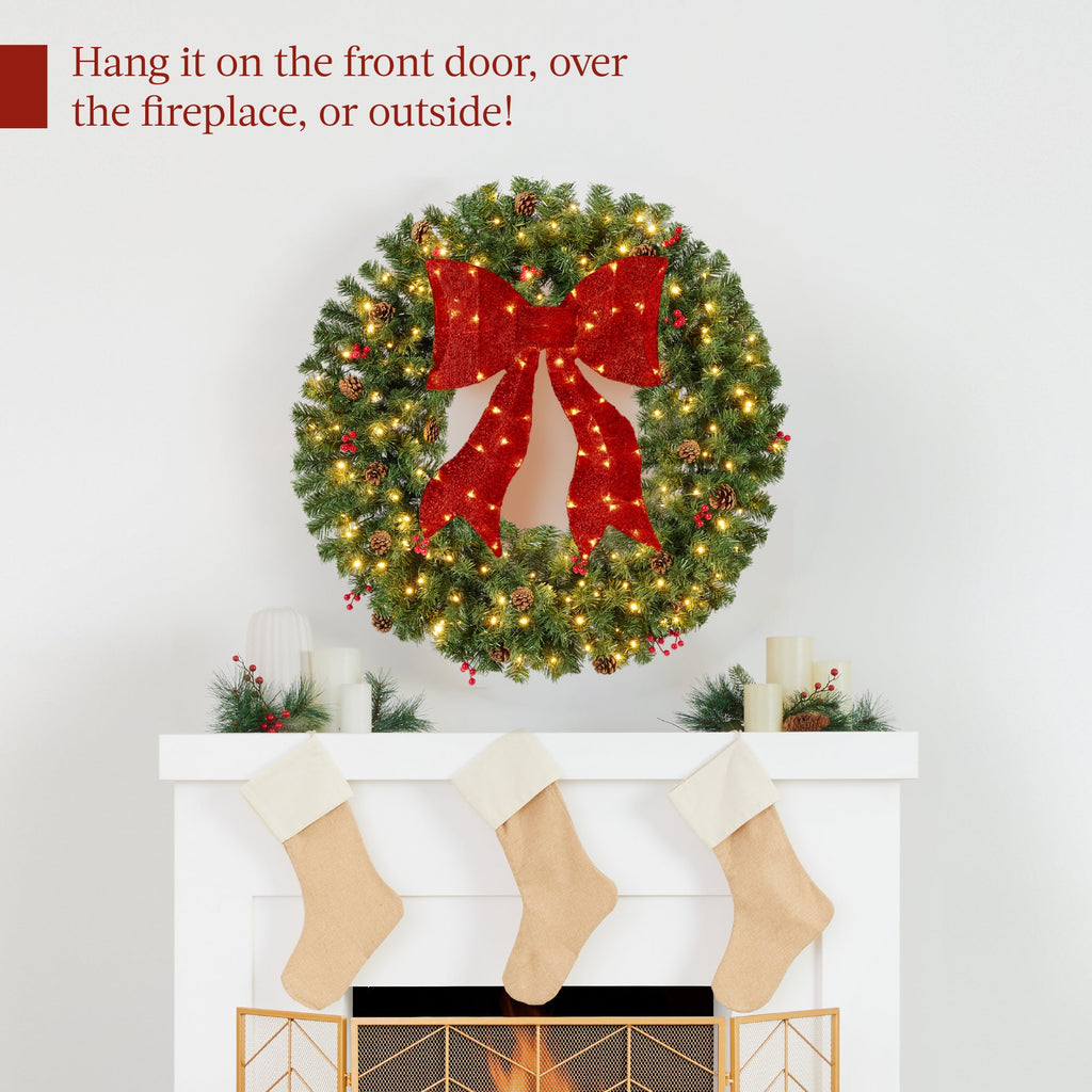 Pre-Lit Artificial Christmas Wreath w/Berries & Pinecones Red Bow Lights