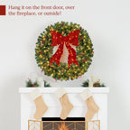 Pre-Lit Artificial Christmas Wreath w/Berries & Pinecones Red Bow Lights