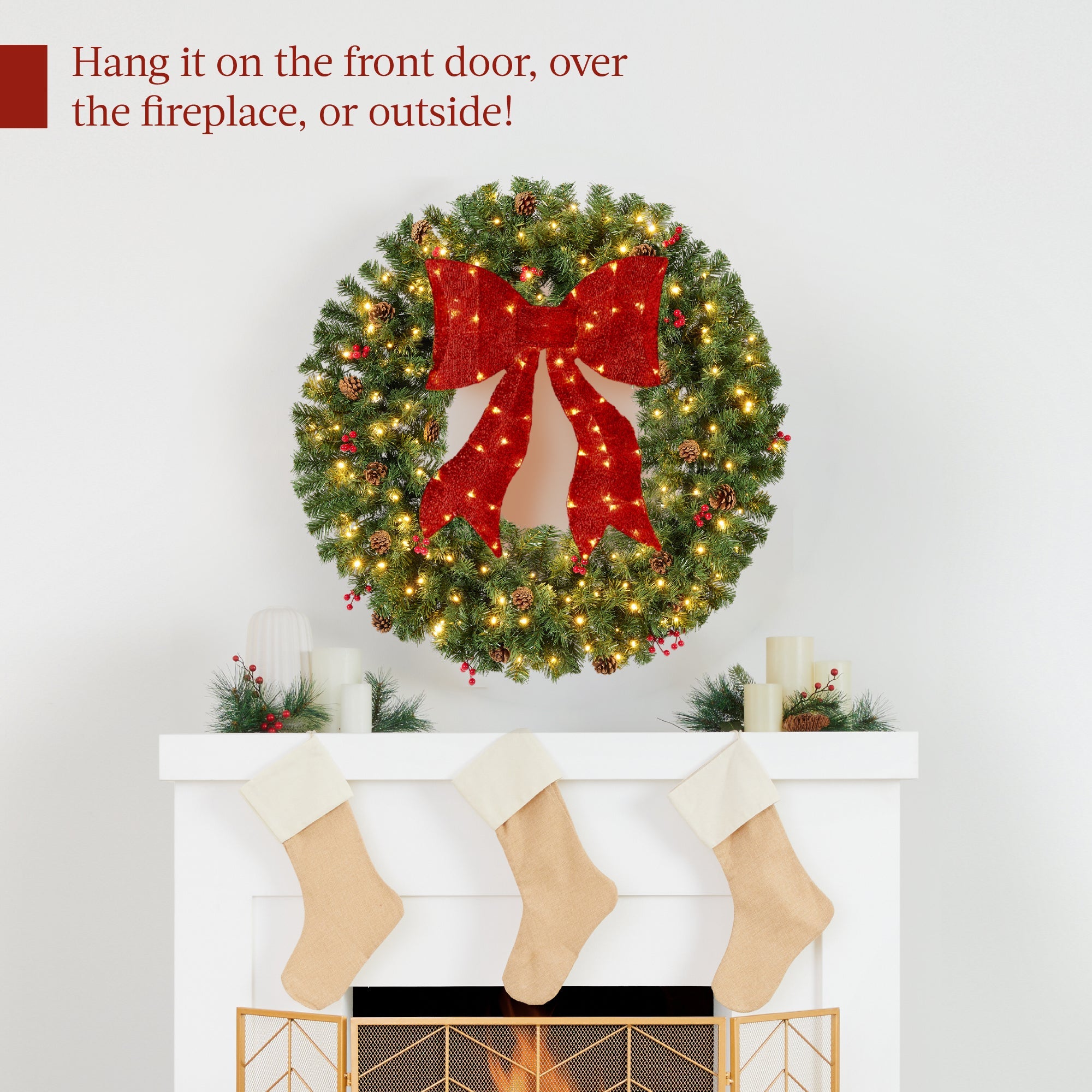 Pre-Lit Artificial Christmas Wreath w/Berries & Pinecones Red Bow Lights
