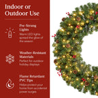 Pre-Lit Artificial Christmas Wreath w/Berries & Pinecones Red Bow Lights