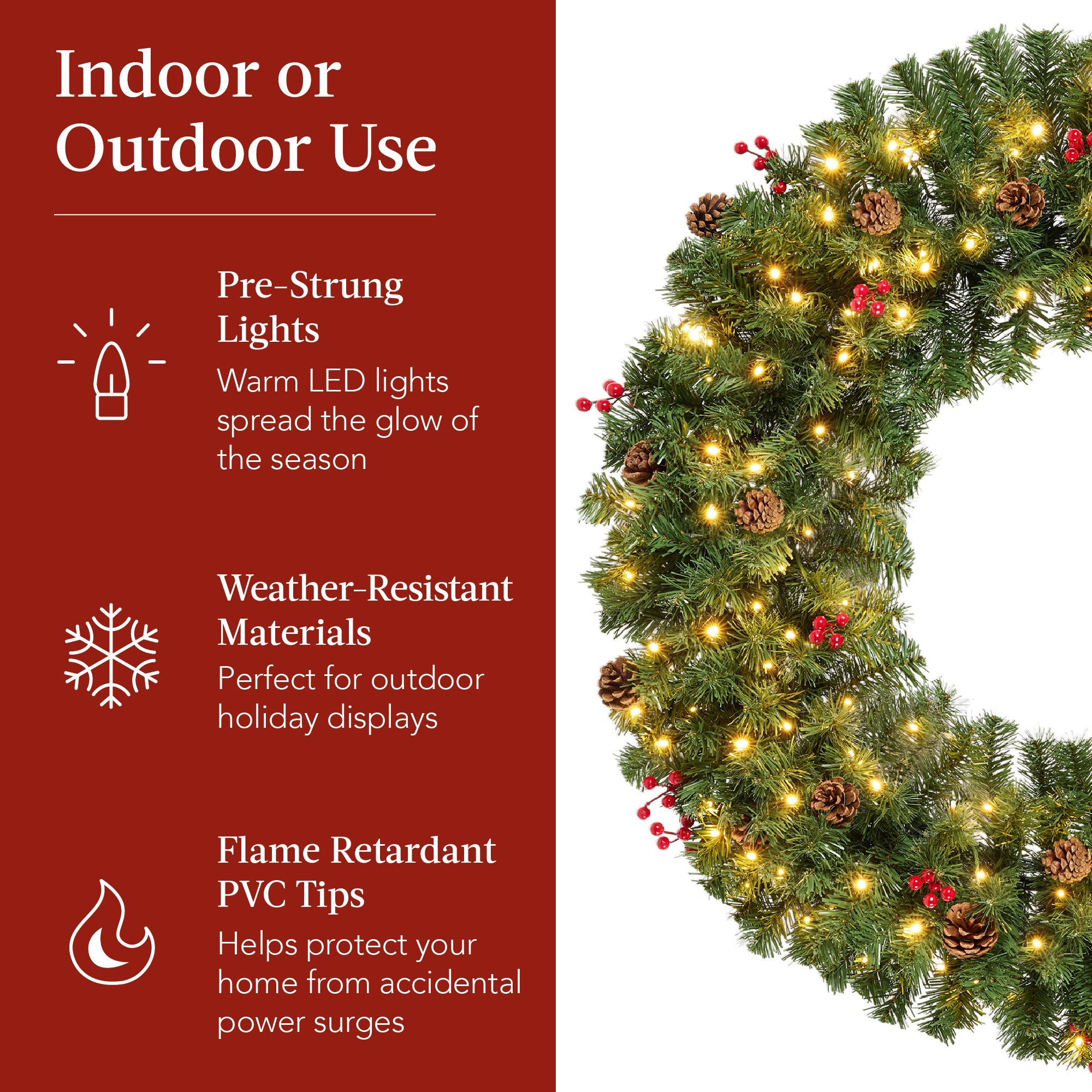 Pre-Lit Artificial Christmas Wreath w/Berries & Pinecones Red Bow Lights