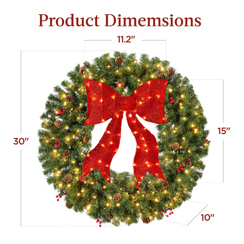 Pre-Lit Artificial Christmas Wreath w/Berries & Pinecones Red Bow Lights