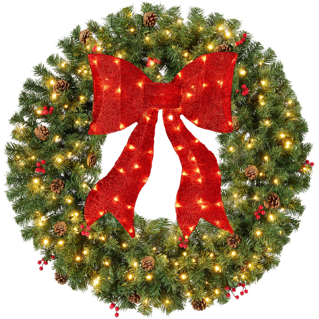 Pre-Lit Artificial Christmas Wreath w/Berries & Pinecones Red Bow Lights