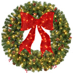 Pre-Lit Artificial Christmas Wreath w/Berries & Pinecones Red Bow Lights