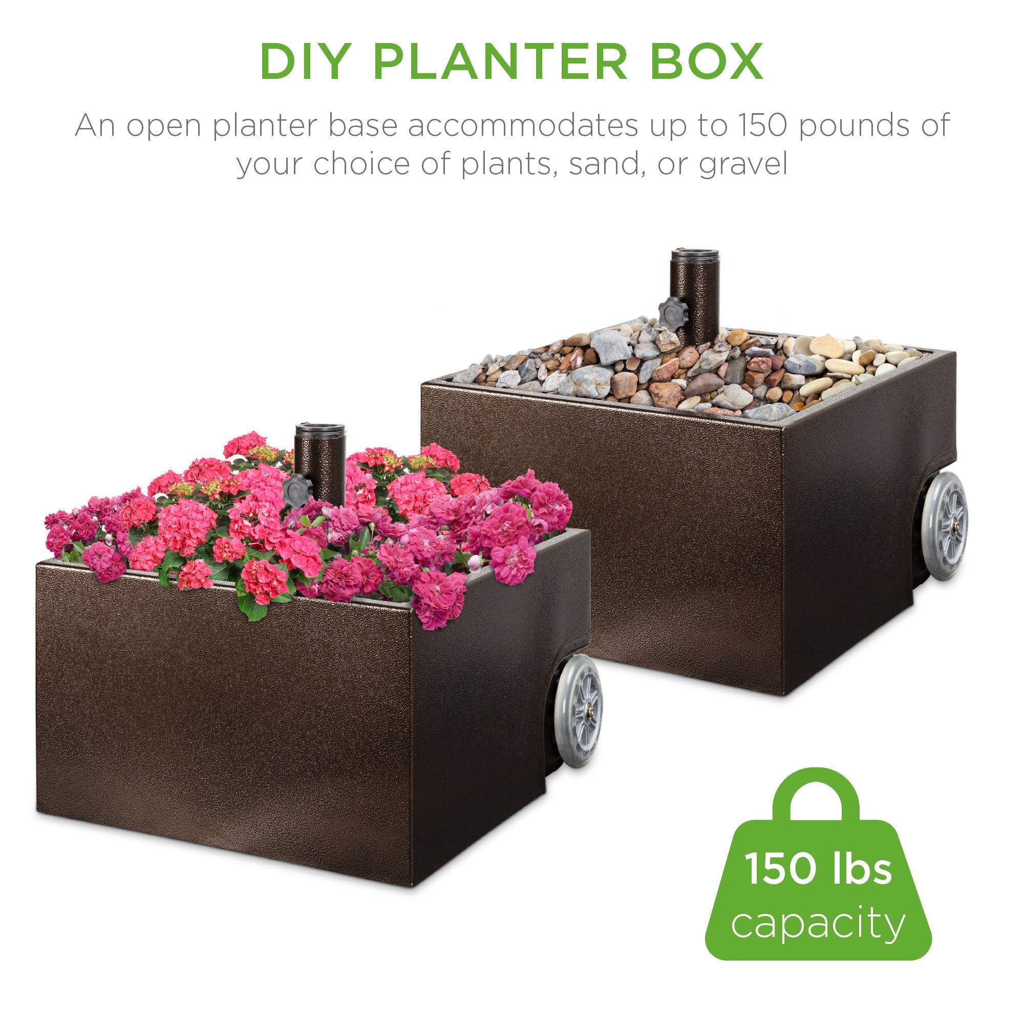 Portable Steel Umbrella Base Stand Up to 150 lbs w/ Fillable Planter Wheels