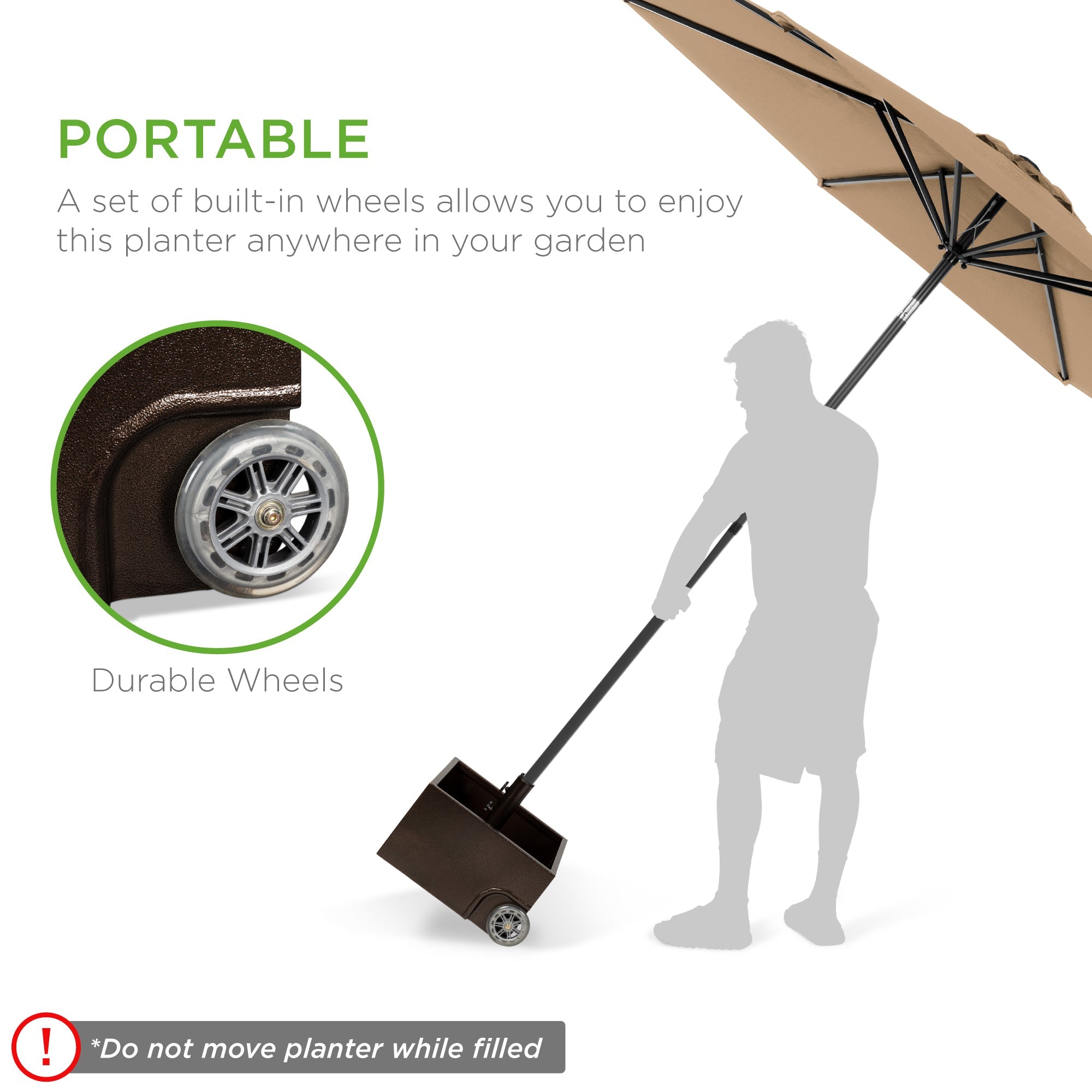 Portable Steel Umbrella Base Stand Up to 150 lbs w/ Fillable Planter Wheels