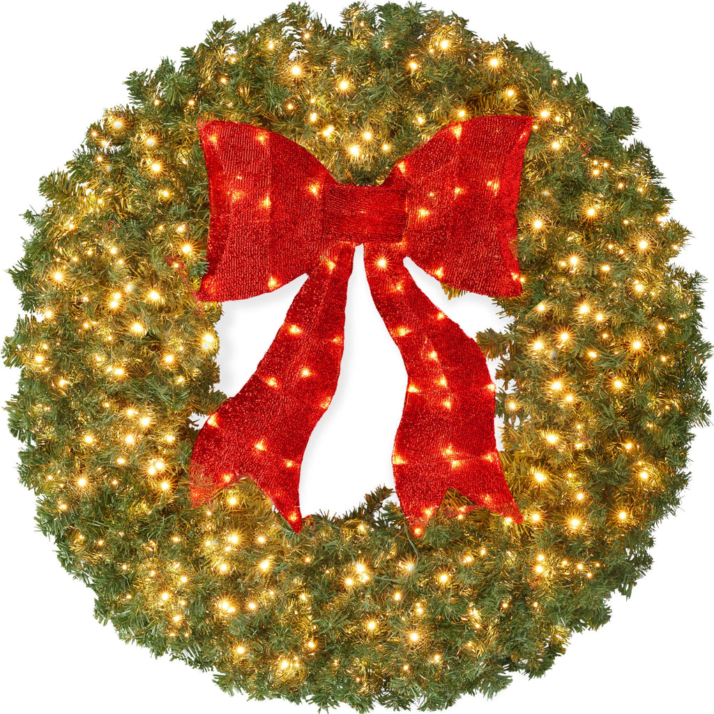 Pre-Lit Artificial Fir Christmas Wreath w/ Red Bow LED Lights