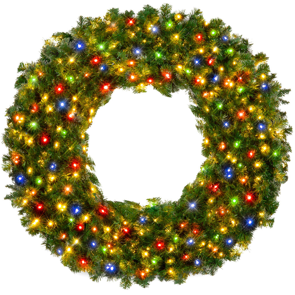 Pre-Lit Artificial Fir Christmas Wreath w/ Multicolor LED Lights PVC Tips
