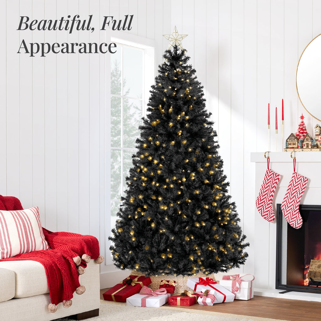 Pre-Lit Artificial Black Christmas Tree w/ Incandescent Lights Metal Stand