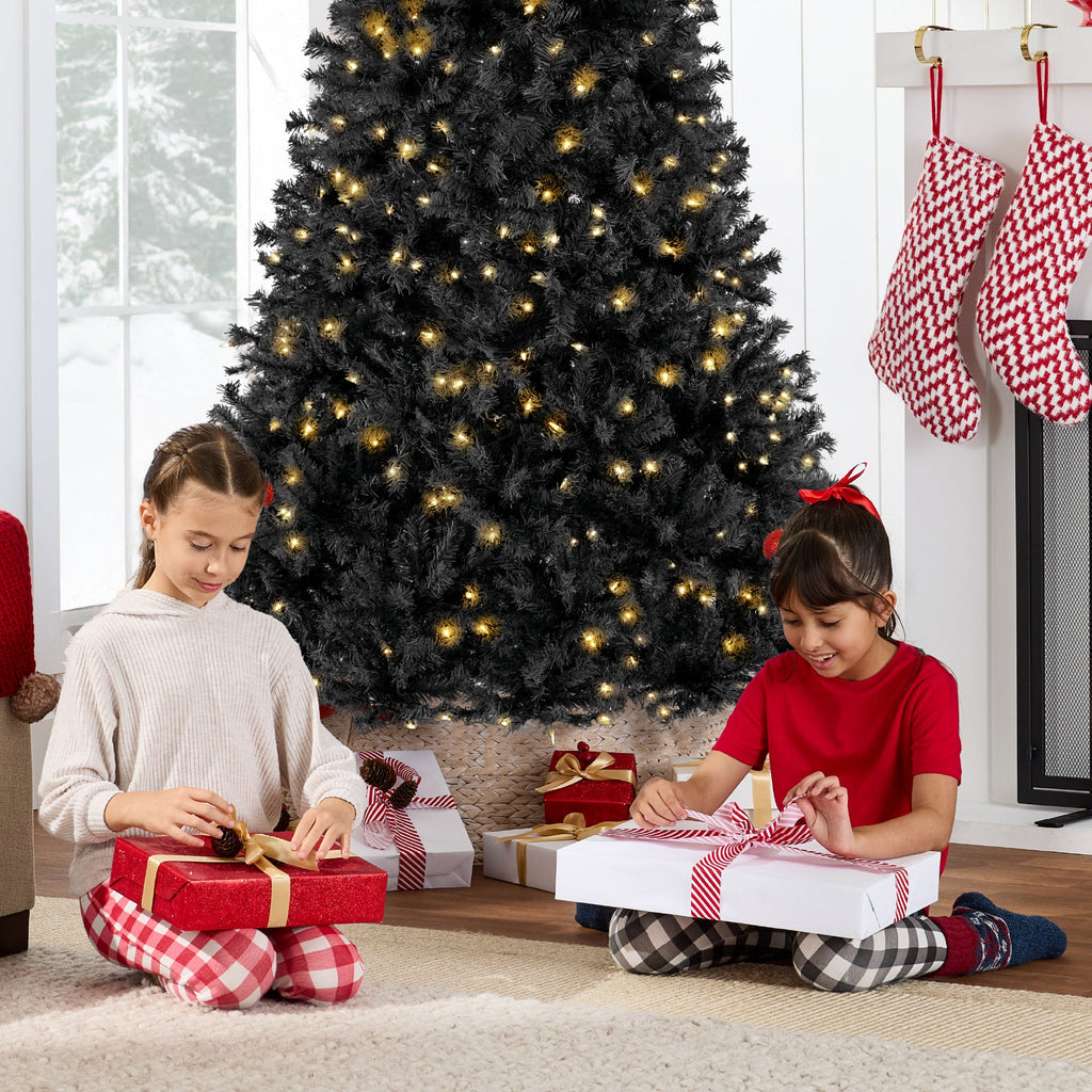 Pre-Lit Artificial Black Christmas Tree w/ Incandescent Lights Metal Stand