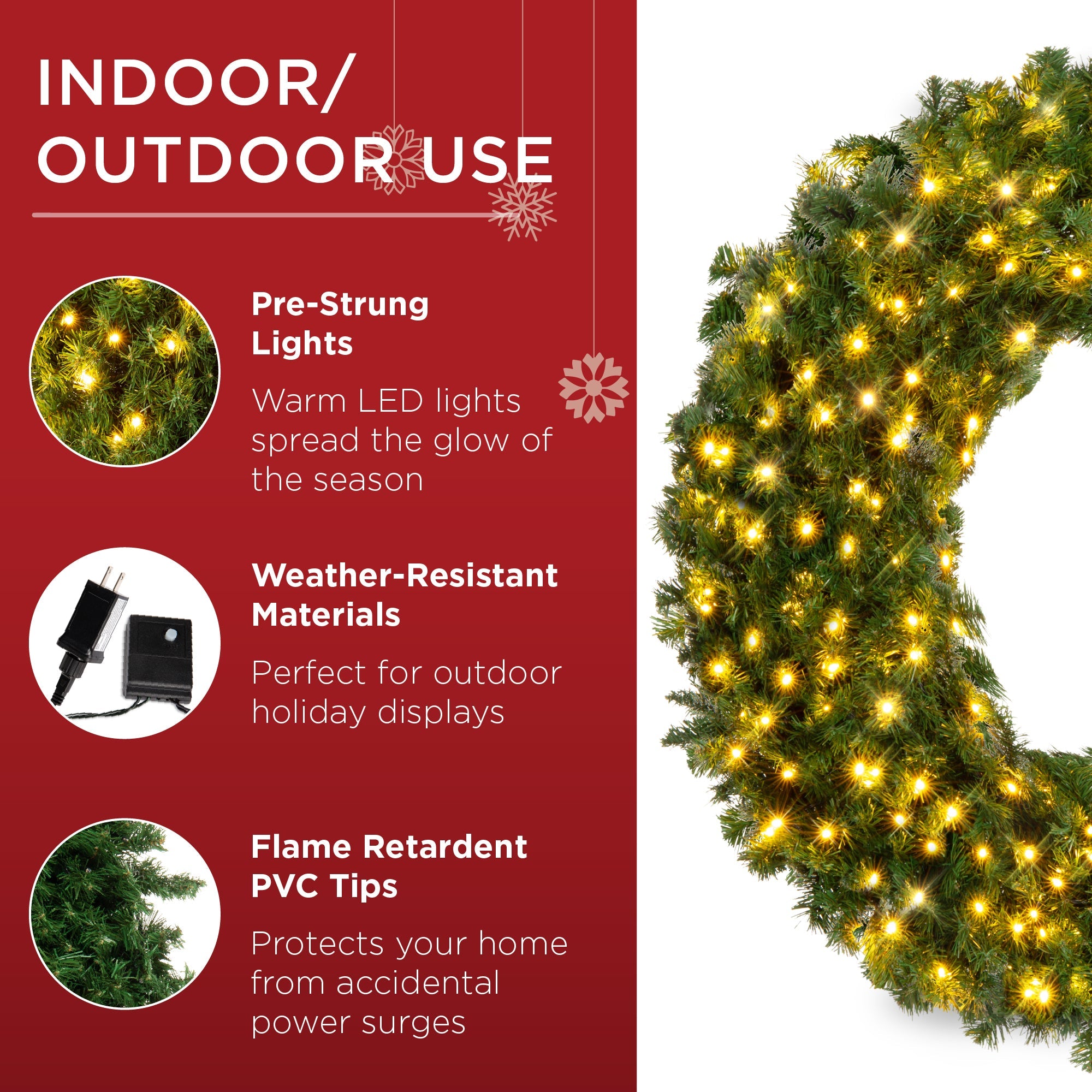 Pre-Lit Artificial Fir Christmas Wreath w/ LED Lights Plug-In PVC Tips