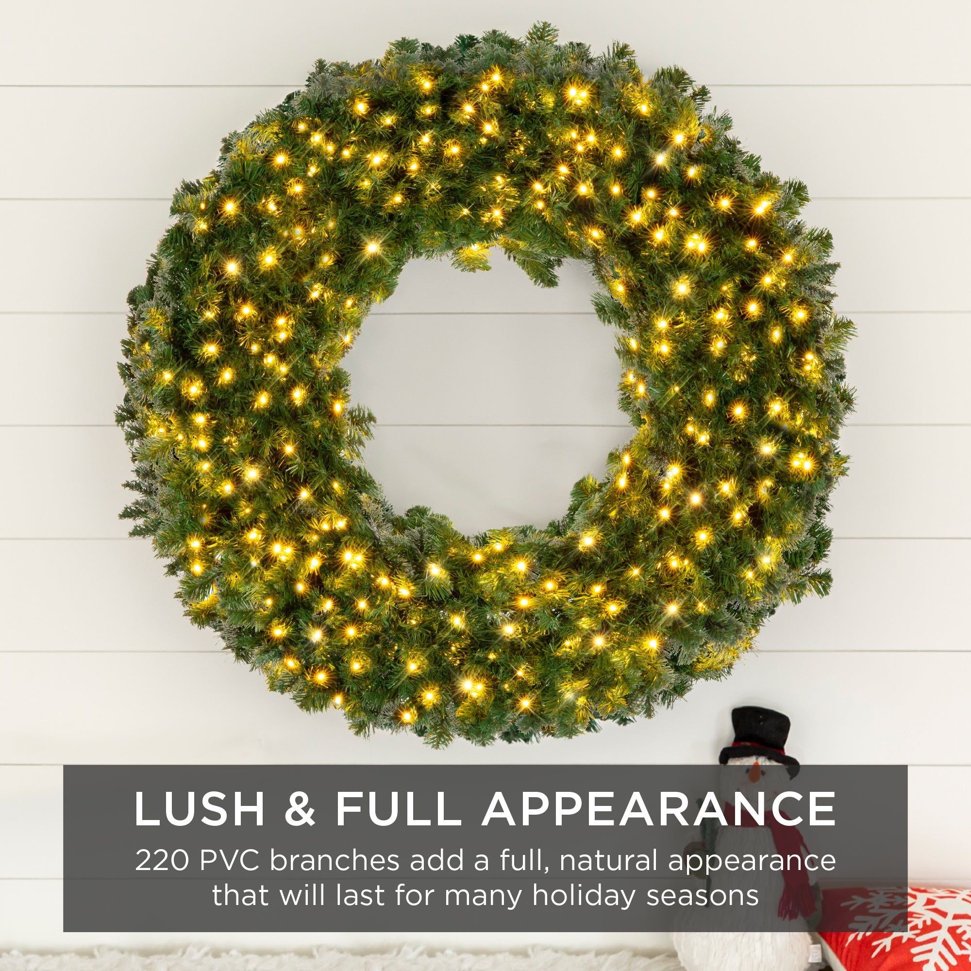 Pre-Lit Artificial Fir Christmas Wreath w/ LED Lights Plug-In PVC Tips
