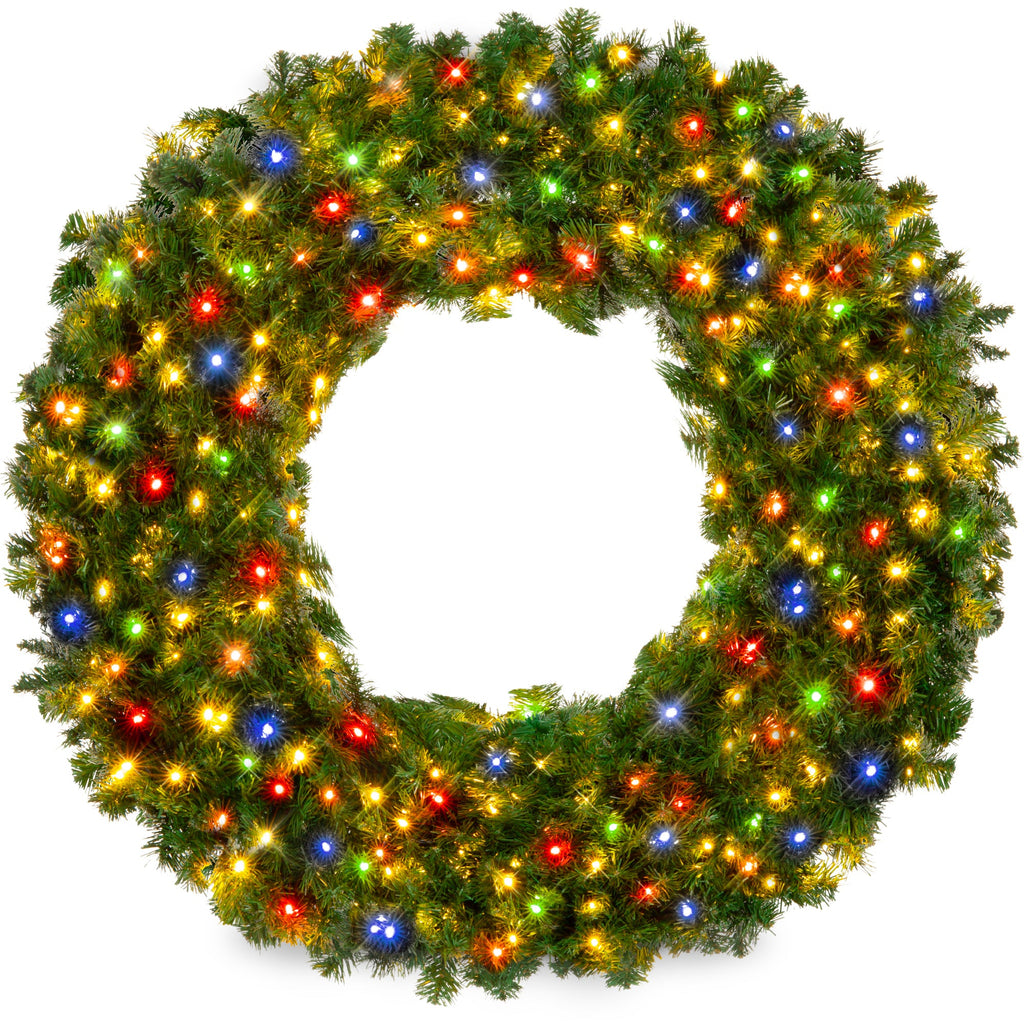 Pre-Lit Artificial Fir Christmas Wreath w/ Multicolor LED Lights PVC Tips