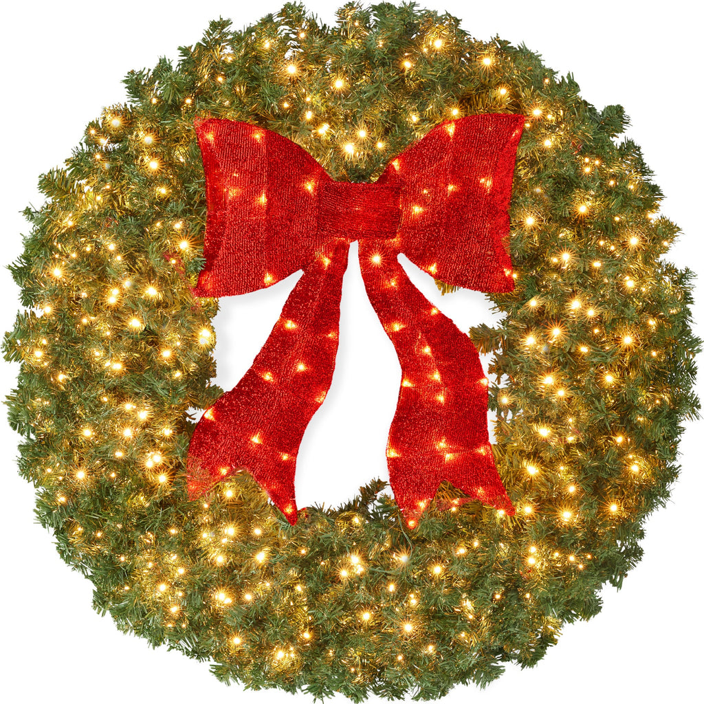 Pre-Lit Artificial Fir Christmas Wreath w/ Red Bow LED Lights