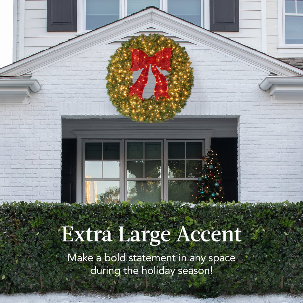 Pre-Lit Artificial Fir Christmas Wreath w/ Red Bow LED Lights
