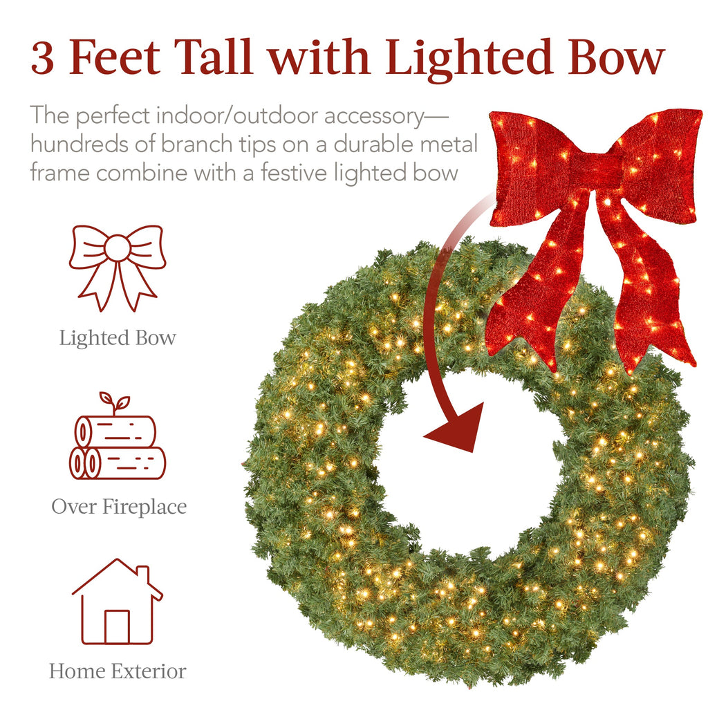 Pre-Lit Artificial Fir Christmas Wreath w/ Red Bow LED Lights