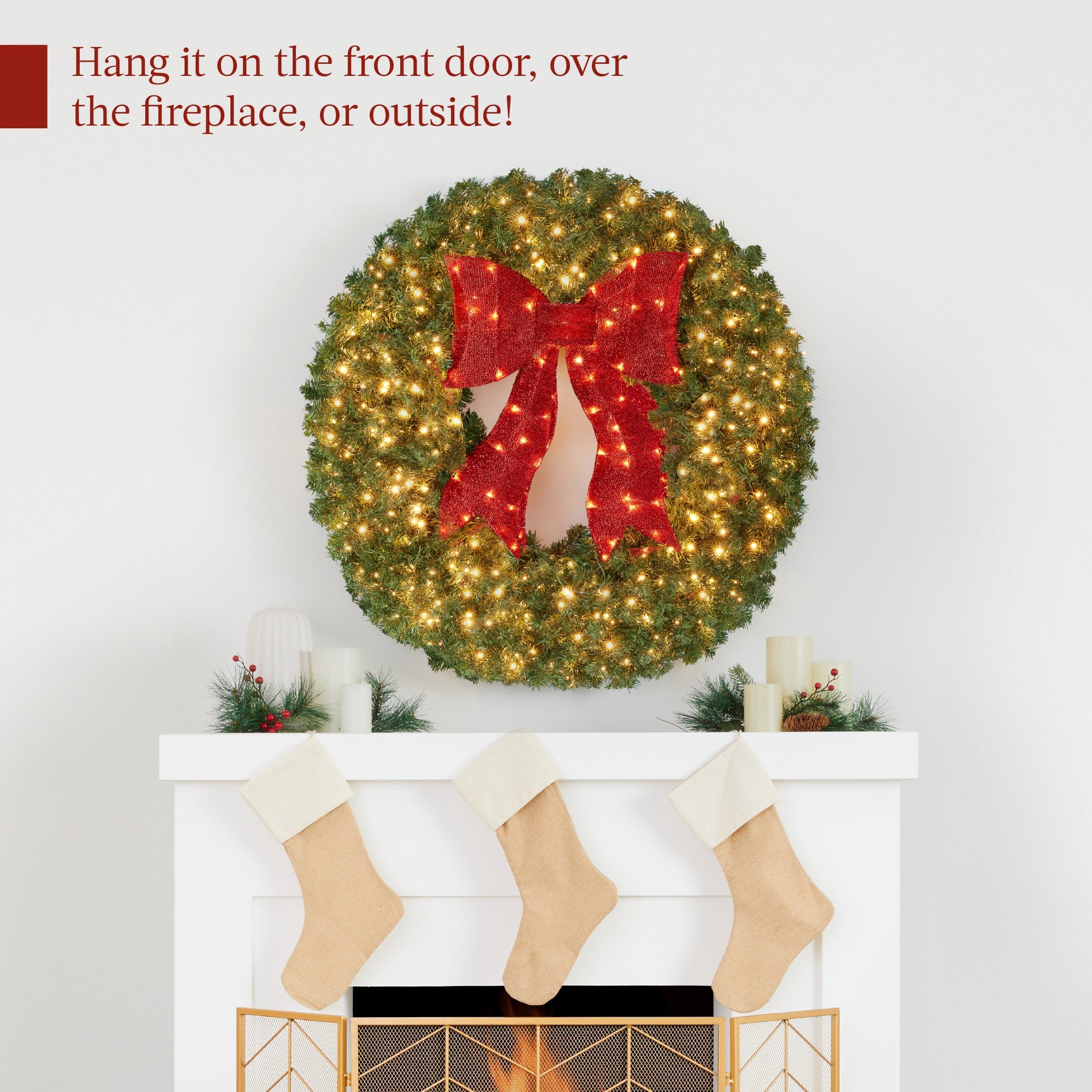 Pre-Lit Artificial Fir Christmas Wreath w/ Red Bow LED Lights