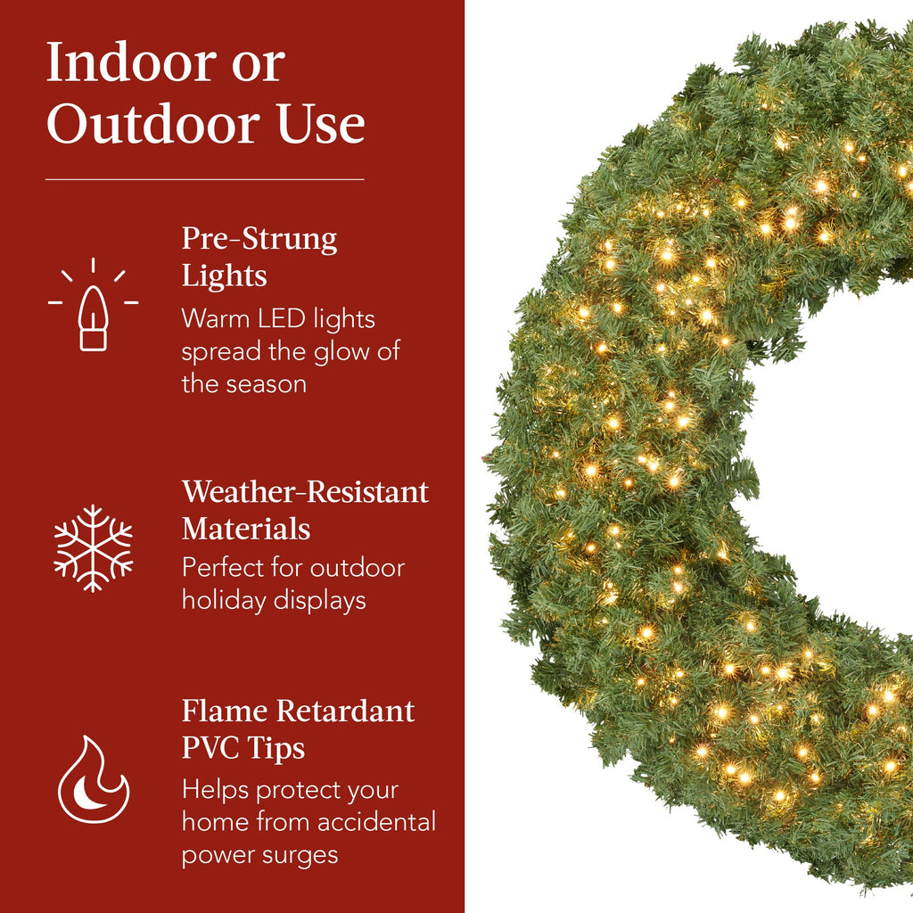 Pre-Lit Artificial Fir Christmas Wreath w/ Red Bow LED Lights