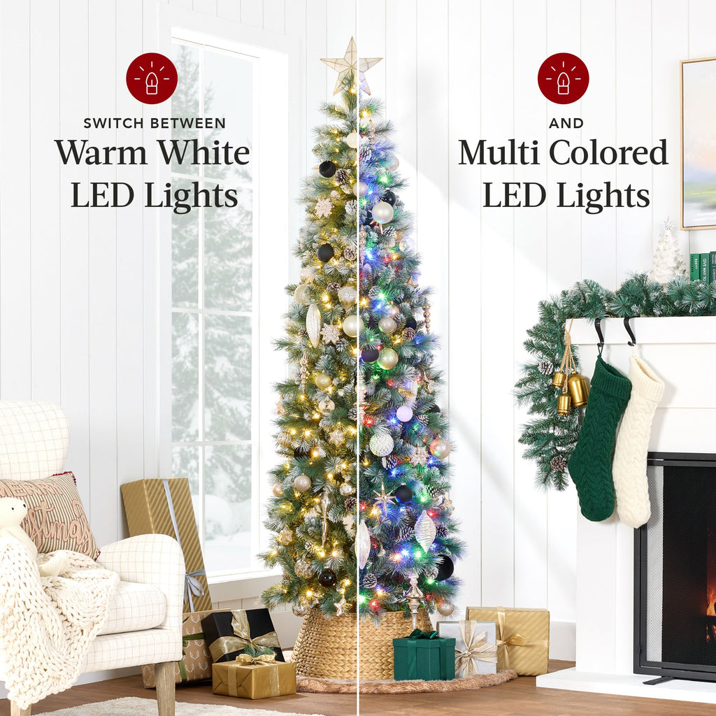 Pre-Lit Artificial Frosted Scotch Pine Pencil Christmas Tree w/ Metal Stand