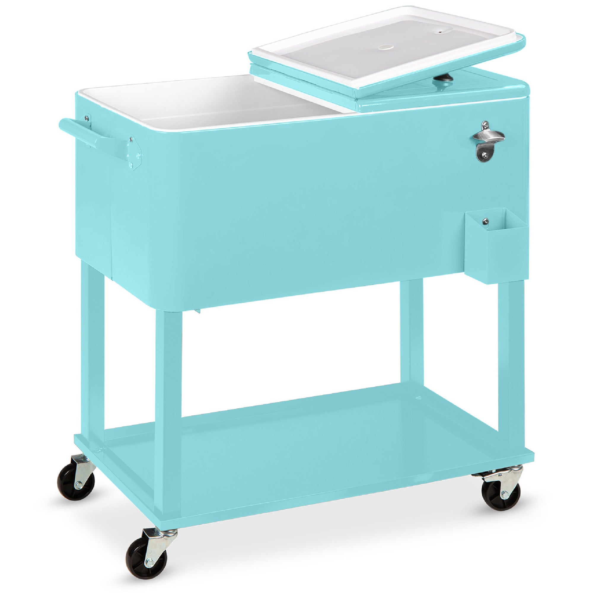 Portable Rolling Cooler Cart w/ Bottle Opener Catch Tray - 80qt