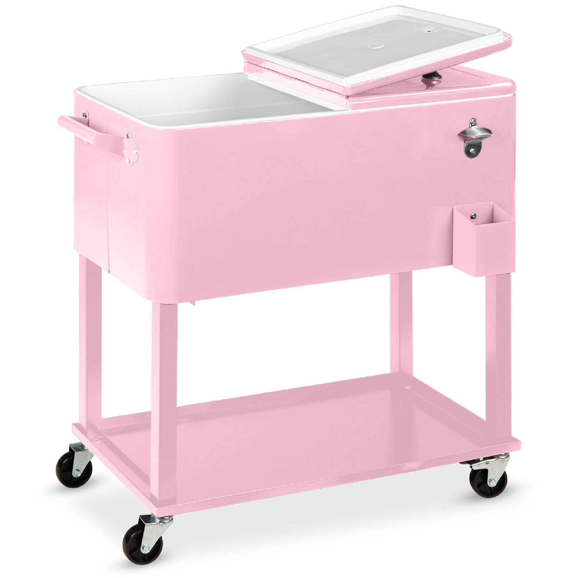 Portable Rolling Cooler Cart w/ Bottle Opener Catch Tray - 80qt
